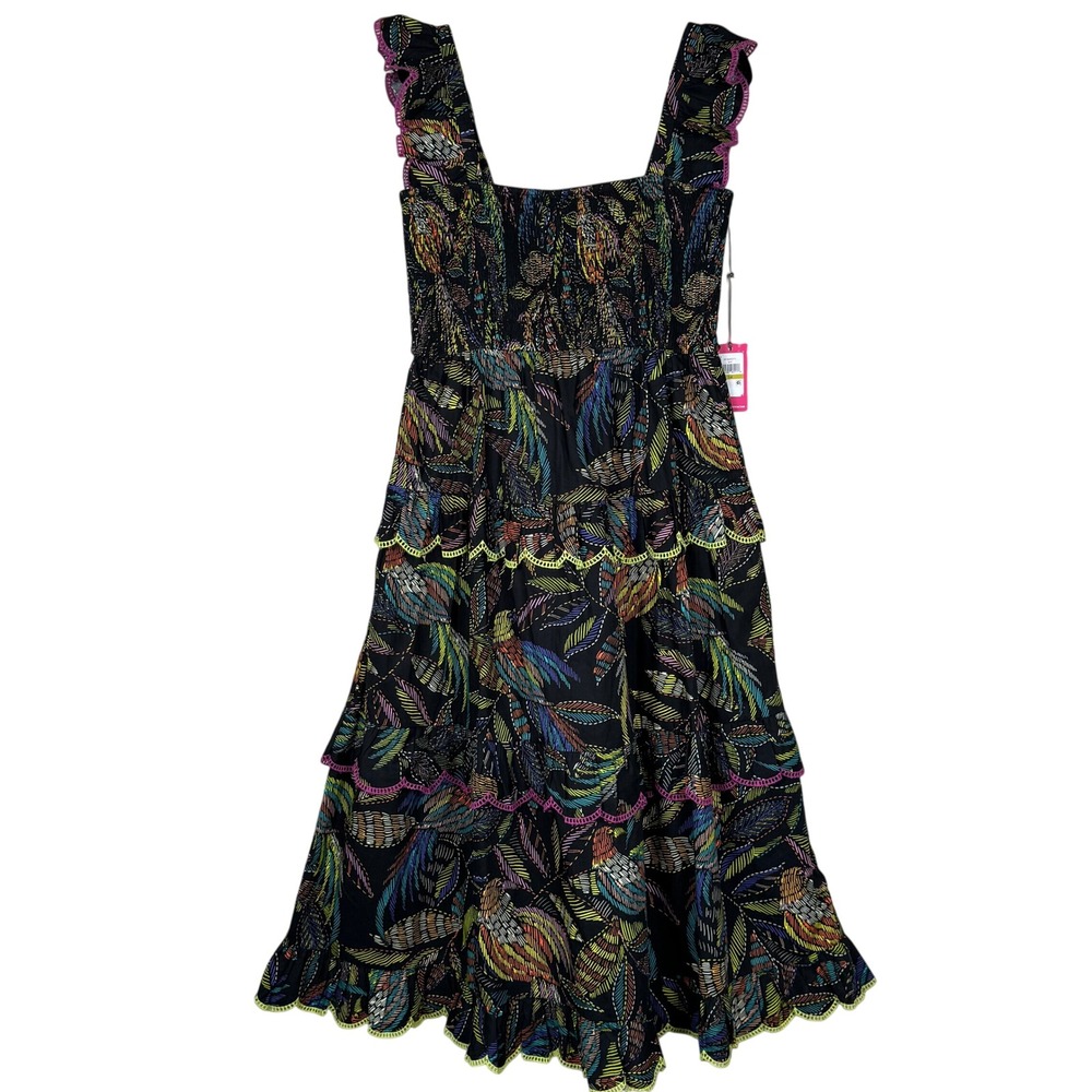 Vince Camuto Tropical Leaf Print Smocked Tiered Midi Dress Boho Resort Size 14